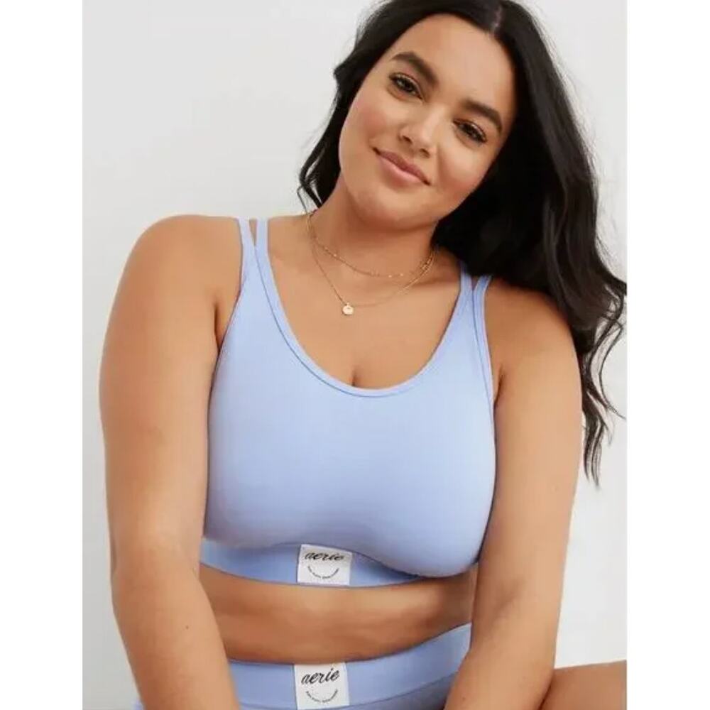 NWT Aerie Cotton High Neck Longline Bralette Fresh Water Blue Unlined Lounge
